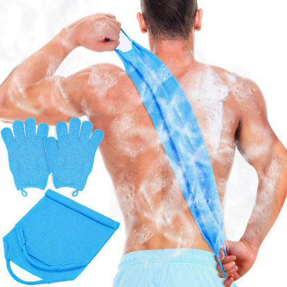 Picture of Anezus Exfoliating Back Scrubber Bath Gloves Set, Exfoliating Shower Towel with Shower Gloves for Body Scrub, Back Cleaner Wash Gloves to Remove Dead Skin (Blue)