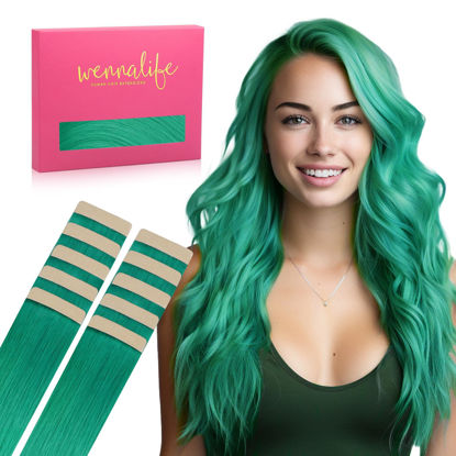 Picture of WENNALIFE Tape in Hair Extensions Human Hair Green Tape in Extensions, 10pcs 30g 24 inch Remy Invisible Tape Ins Straight Colored Soft Real Human Hair Tape in Extensions Refill Set Extensions