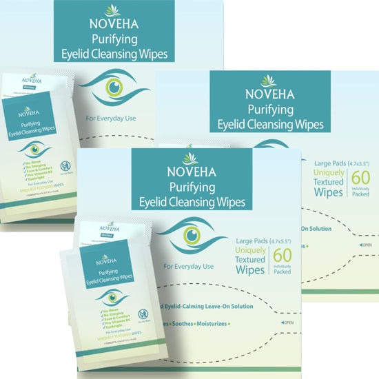 Picture of NOVEHA Eyelid & Lash Wipes | lid and lash Cleansing Wipes, Soothing For Sensitive Eyes, (60 Count each (Pack of 3))