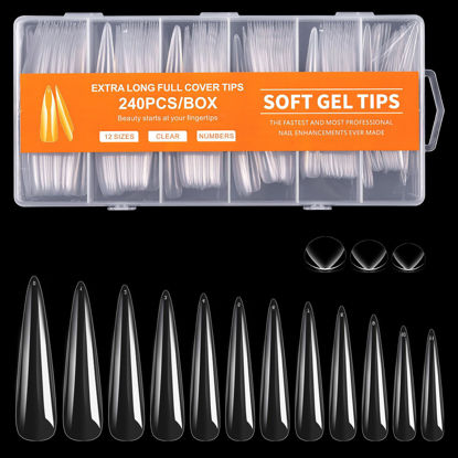 Picture of Cycullinyt 240Pcs Stiletto Nail Tips, Long Stiletto Press On Soft Gel x Nails, 12 Sizes Full Cover Acrylic False Nail Tips, for Beginner and Home Salon Diy