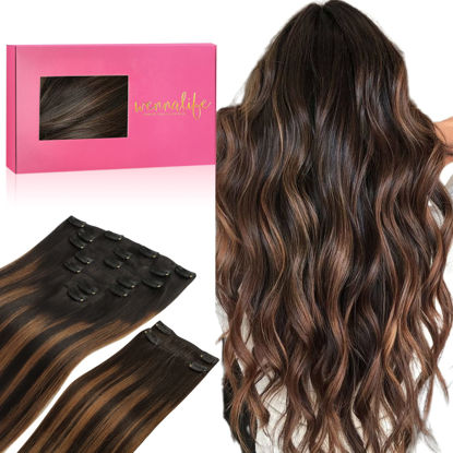 Picture of WENNALIFE Clip in Hair Extensions, 150g 14 Inch 9pcs Balayage Natural Black to Chestnut Brown Human Hair Extensions Thicker Clip in Hair Extensions Real Human Hair Clip Set Double Weft