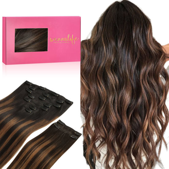 Picture of WENNALIFE Clip in Hair Extensions, 150g 14 Inch 9pcs Balayage Natural Black to Chestnut Brown Human Hair Extensions Thicker Clip in Hair Extensions Real Human Hair Clip Set Double Weft