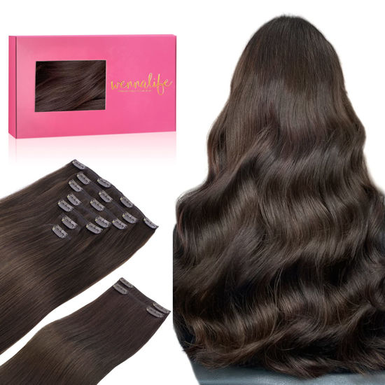 Picture of WENNALIFE Clip in Hair Extensions, 18 Inch 150g 9pcs Clip in Hair Extensions Real Human Hair, Light Dark Brown Human Hair Clip in Extensions Remy Human Hair Extensions Clip Ins Double Weft