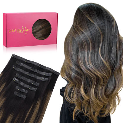 Picture of WENNALIFE Seamless Clip In Hair Extensions, 22 Inch 130g 7pcs Natural Black Mixed Chestnut Brown Hair Extensions Clip in Human Hair Invisible PU Skin Weft Natural Remy Human Hair Extensions