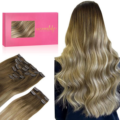 Picture of WENNALIFE Clip in Hair Extensions, 150g 18 Inch 9pcs Ombre Walnut Brown to Ash Brown and Bleach Blonde Human Hair Extensions Thicker Clip in Hair Extensions Real Human Hair Clip Set Double Weft