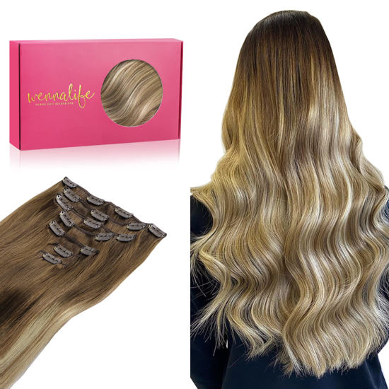 Picture of WENNALIFE Clip in Hair Extensions Real Human Hair, 20 Inch 120g 7pcs Ombre Walnut Brown to Ash Brown and Bleach Blonde Clip in Human Hair Remy Clip in Hair Extensions Real Human Hair Double Weft