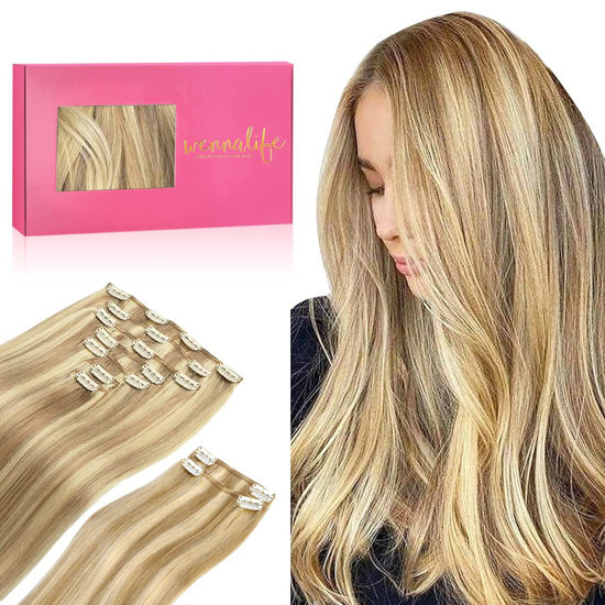 Picture of WENNALIFE Clip in Hair Extensions, 150g 18 Inch 9pcs Light Blonde Highlighted Golden Blonde Human Hair Extensions Thicker Clip in Hair Extensions Real Human Hair Clip Set Double Weft