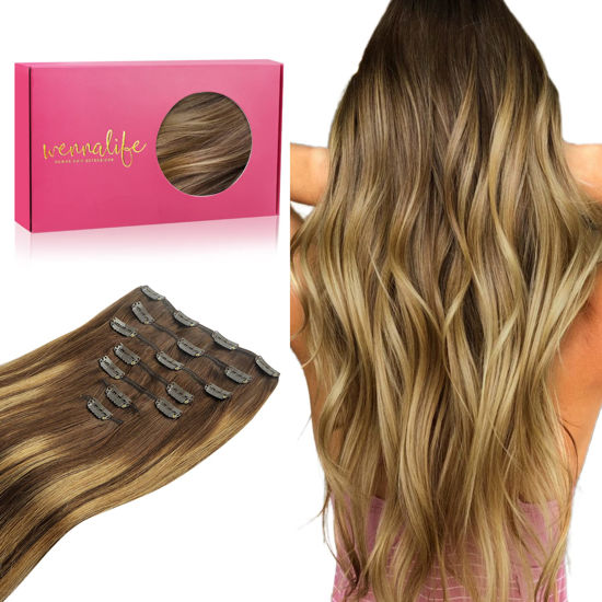 Picture of WENNALIFE Clip in Hair Extensions Real Human Hair, 20 Inch 120g 7pcs Balayage Chocolate Brown to Caramel Blonde Hair Extensions Clip in Human Hair Remy Clip in Hair Extensions Real Human Hair