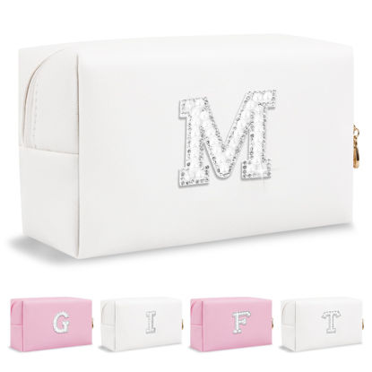 Picture of Personalized Birthday Gifts Initial Letter Makeup Bag for Women,Pearl Rhinestone Patch Cosmetic Bag Toiletry Bag,White Cute Preppy Pencil Pouch,Monogram Christmas Gift for Teen Girls Mom Friend Wife,M