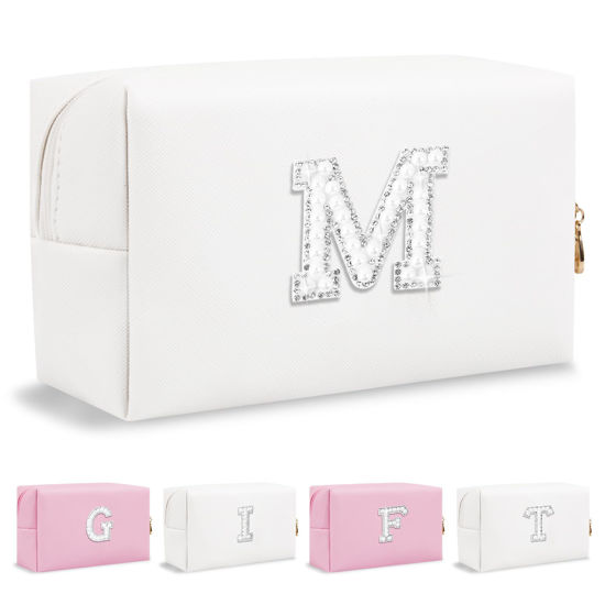Picture of Personalized Birthday Gifts Initial Letter Makeup Bag for Women,Pearl Rhinestone Patch Cosmetic Bag Toiletry Bag,White Cute Preppy Pencil Pouch,Monogram Christmas Gift for Teen Girls Mom Friend Wife,M