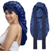 Picture of AWAYTR Long Satin Bonnet for Women - Double Layer Elastic Silk Bonnet for Braids Hair Sleeping Cap with Tie Band (Navy Blue)