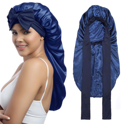 Picture of AWAYTR Long Satin Bonnet for Women - Double Layer Elastic Silk Bonnet for Braids Hair Sleeping Cap with Tie Band (Navy Blue)