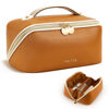 Picture of Prite Travel Cosmetic Bag Makeup Organizer Bag For Women Large Capacity Waterproof PU Leather Toiletry Bag with Jacquard Ribbon Handle and Clear Divider(New Brown)