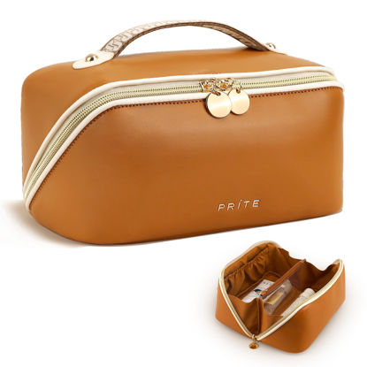 Picture of Prite Travel Cosmetic Bag Makeup Organizer Bag For Women Large Capacity Waterproof PU Leather Toiletry Bag with Jacquard Ribbon Handle and Clear Divider(New Brown)
