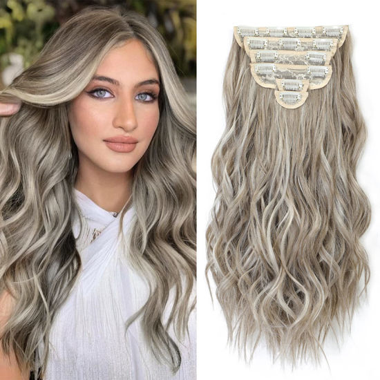 Picture of FLIACE Hair Extensions Clip ins, 6 PCS Wavy Extensions, Light Gray&Ash Blonde&Light Brown Thick Hair, Blends Well Hair Extensions (20Inch, 6PCS, Gray Brown&Ash Blonde)