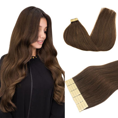 Picture of DOORES Tape in Hair Extensions, Chocolate Brown 12 Inch 40g 20pcs, Human Hair Extensions Natural Remy Hair Extensions Straight Hair Skin Weft Double Side Tape Invisible