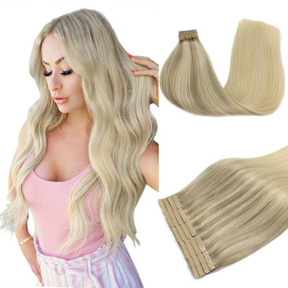 Picture of DOORES Tape in Hair Extensions Human Hair, Ash Blonde to Golden Blonde and Platinum Blonde 10 Inch 30g 20pcs, Hair Extensions Tape in Human Hair Remy Straight Hair