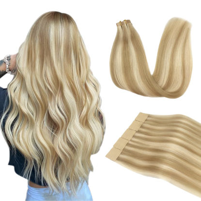 Picture of DOORES Tape in Hair Extensions, Dark Blonde Highlighted Bleach Blonde 10 Inch 30g 20pcs, Human Hair Extensions Tape in Remy Straight Hair Real Natural Hair for Women