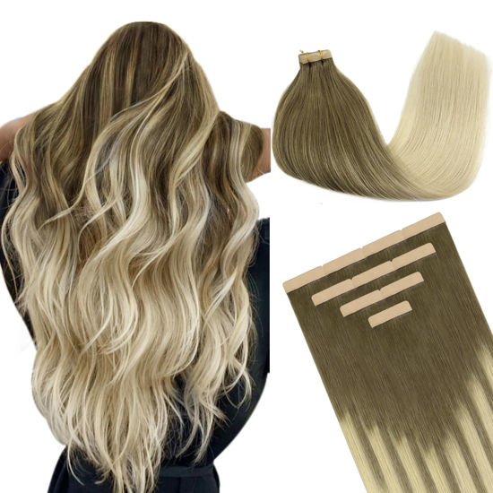 Picture of DOORES Tape in Hair Extensions Human Hair, Ombre Ash Brown to Platinum Blonde 18 Inch 10pcs 25g, Human Hair Extensions Tape in Skin Weft Remy Hair Extensions