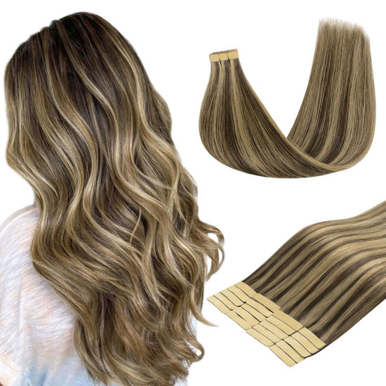 Picture of DOORES Tape in Hair Extensions Real Human Hair, Chocolate Brown Highlight Caramel Blonde 20pcs 50g 18 Inch, Tape in Hair Extensions Invisible Hair Tape in Remy Straight Hair