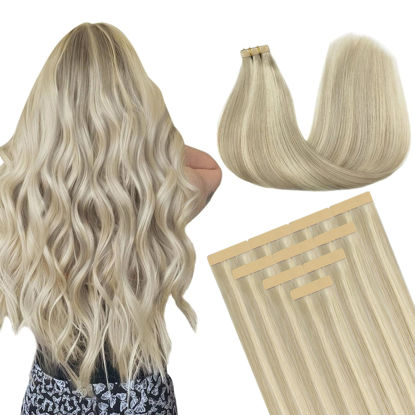 Picture of DOORES Hair Extensions Real Human Hair, Ash Blonde Highlighted Platinum Blonde 20 Inch 30g 10pcs, Tape in Remy Hair Extensions Straight Natural Hair for Women Skin Weft