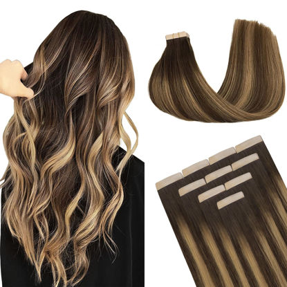 Picture of DOORES Tape in Hair Extensions Real Hair, Balayage Chocolate Brown to Caramel Blonde 10pcs 30g 22 Inch, Remy Human Hair Extensions Tape in Natural Hair Straight Skin Weft