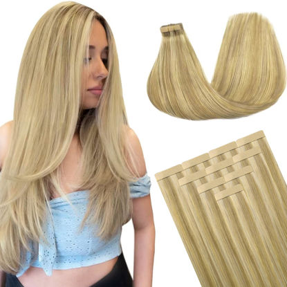 Picture of DOORES Tape in Hair Extensions Human Hair, Light Blonde Highlighted Golden Blonde 12 Inch 20g 10pcs, Hair Extensions Tape in Hair Extensions Straight Remy Hair