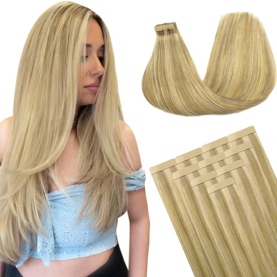 Picture of DOORES Tape in Human Hair Extensions, Balayage Light Blonde Highlighted Golden Blonde 10pcs 25g 18 Inch, Straight Hair Extensions Tape in Skin Weft Thick Hair
