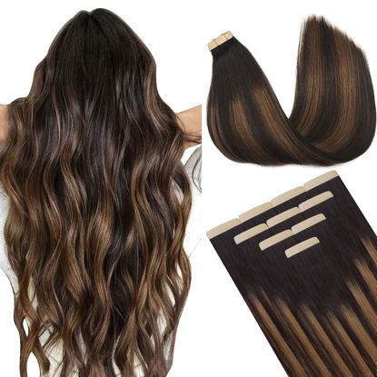 Picture of DOORES Human Hair Extensions Tape in, Balayage Dark Brown to Chestnut Brown 10pcs 25g 14 Inch, Natural Hair Extensions Tape in Seamless Straight Real Hair Extensions