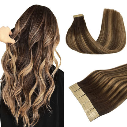 Picture of DOORES Tape in Hair Extensions Real Human Hair, Chocolate Brown to Caramel Blonde 10 Inch 30g 20pcs, Hair Extensions Tape ins Straight Remy Hair for Women Skin Weft