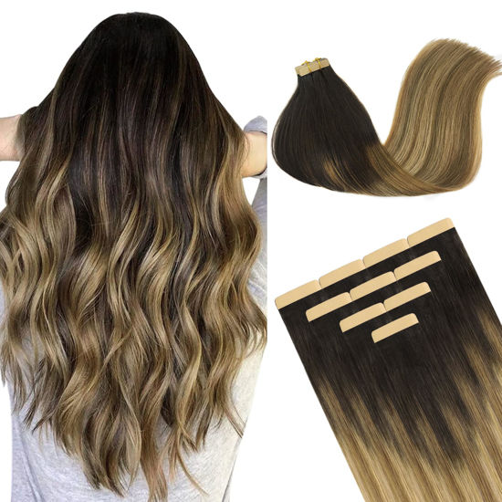 Picture of DOORES Tape in Hair Extensions, Balayage Dark Brown to Chestnut Brown and Dirty Blonde 14 Inch 10pcs 25g, Remy Human Hair Extensions Tape in Natural Hair Straight Skin Weft