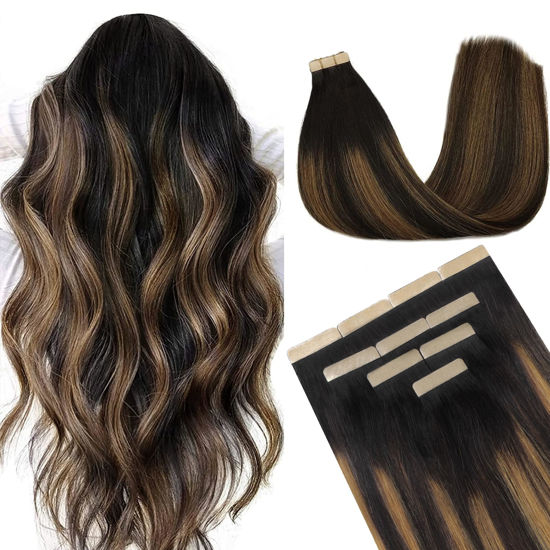 Picture of DOORES Tape in Hair Extensions, Balayage Natural Black to Chestnut Brown Real Hair Extensions 10pcs 25g 16 Inch, Straight 100% Remy Tape in Human Hair Extensions