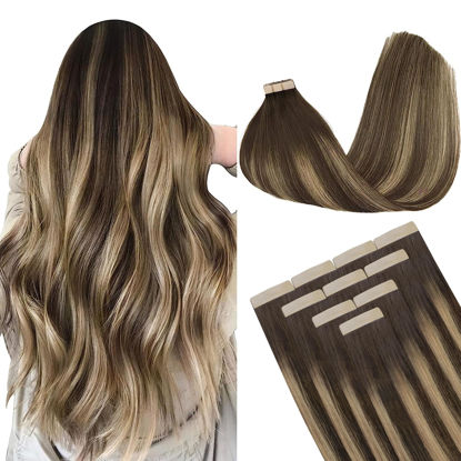 Picture of DOORES Tape in Hair Extensions, Chocolate Brown to Honey Blonde 10 Inch 20g 10pcs, Hair Extensions Tape in Human Hair Remy Straight Hair Natural Hair Skin Weft
