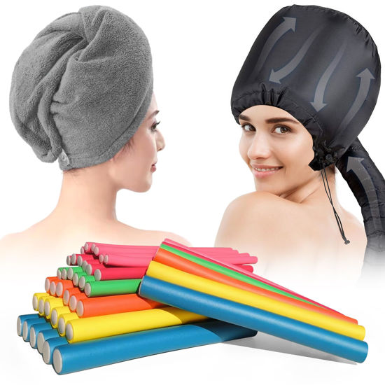 Picture of xnicx 42pcs Flexi Rods, Hair Curlers Rollers Set with 3 IN 1 Hair Dryer Bonnet, Hair Drying Towel, for Long, Medium, Short Hair to Sleep in, Heatless Bendy Foam Hair Curls, Gray and Black
