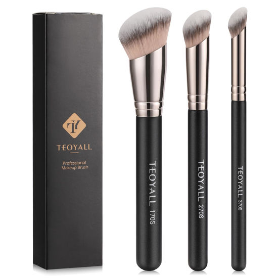 Picture of TEOYALL Foundation Contour Conceal Brush Set, 3PCS Angled Synthetic Kabuki Brush for Blending Setting Buffing with Liquid, Cream and Powder Cosmetic (170S/270S/370S)