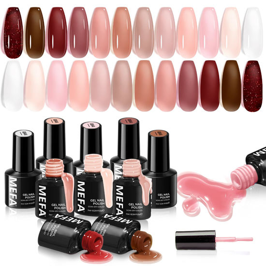 Picture of MEFA Jelly Gel Nail Polish Set, 12 Colors Jelly Red Glitter Gel Polish Set Nude Pink Milky White Nail Polish Gel Neutral Transparent Sheer Red Gel Nail Gifts for Women Girl DIY Salon Home Manicure