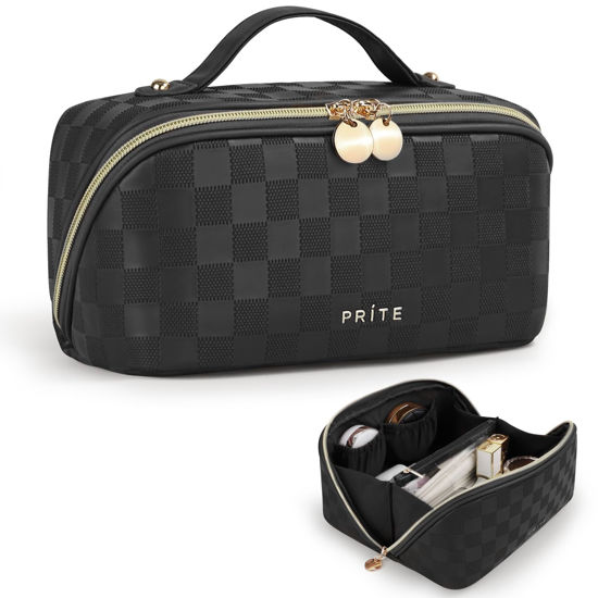 Picture of Prite Christmas Gifts Travel Cosmetic Bag Makeup Organizer Bag For Women Large Capacity Waterproof PU Leather Toiletry Bag with Handle and Clear Divider(Plaid Black)