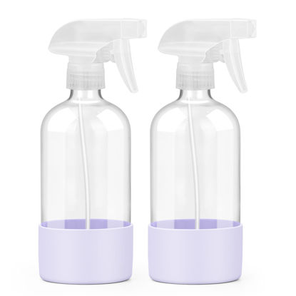 Picture of Worldgsb 2 Pack Glass Spray Bottles with Silicone Sleeve, 16 oz Empty Refillable Containers with Adjustable Spray Nozzles, Spray Bottles for Hair, Cleaning Solutions and Plants Purple