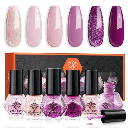 Picture of modelones Nail Polish Set 6 Colors, Purple Glitter Pink Shimmer Sparkle Mini Nail Lacquer Kit, Infinite Shine Quick Dry Long Lasting Nail Art DIY Home Salon Manicure Gift for Women Girls