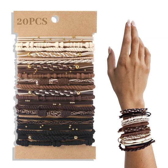Picture of 20 PCS Boho Hair Ties, Bracelets Hair Ties for Thick or Thin Hair, 5 Styles Boho Ties for Ponytail Holders, 2.36’’ Hair Ties No-Damage, Valentine's Day Gifts, Neutral Color