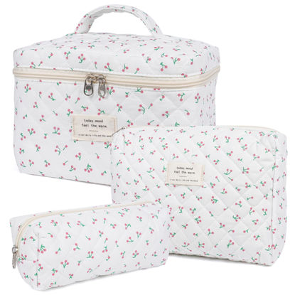Picture of Makeup Bag,Quilted Cosmetic Bag,Large Floral Make Up Bag for Women,Cotton Makeup Bag Set,Flower Travel Toiletry Bag