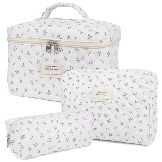 Picture of Makeup Bag,Quilted Cosmetic Bag,Large Floral Make Up Bag for Women,Cotton Makeup Bag Set,Flower Travel Toiletry Bag