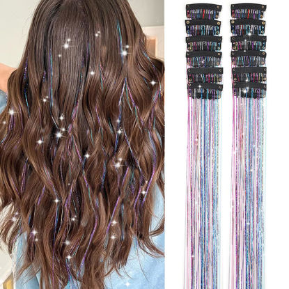 Picture of Hair Tinsel Pack of 12 Pcs Clip in Hair Tinsel 20 Inch Colorful Glitter Tinsel Hair Extensions Tinsel Fairy Hair Party Dazzle Hair Accessories Strands Kit for Women Girls Kids(12Pcs,Colorful#)