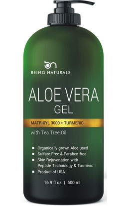 Picture of Aloe vera Gel - from 100% Pure Organic Aloe Infused with Matrixyl 3000 (Peptides), Turmeric - Natural Raw Moisturizer for Face, Body, Hair. Perfect for Sunburn, Acne, Razor Bumps 16.9 fl oz