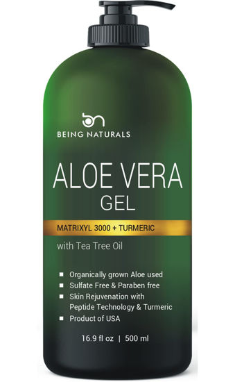 Picture of Aloe vera Gel - from 100% Pure Organic Aloe Infused with Matrixyl 3000 (Peptides), Turmeric - Natural Raw Moisturizer for Face, Body, Hair. Perfect for Sunburn, Acne, Razor Bumps 16.9 fl oz