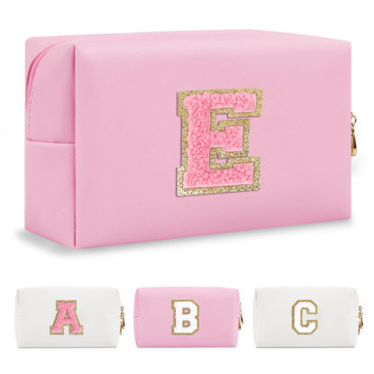 Picture of Personalized Initial A-Z Preppy Patch Makeup Bag,Small PU Leather Chenille Letter Cosmetic Bag with Zipper for Teen Girls,Pink Cute Travel Toiletry Bag,Birthday Monogrammed Gift for Daughter,Letter E