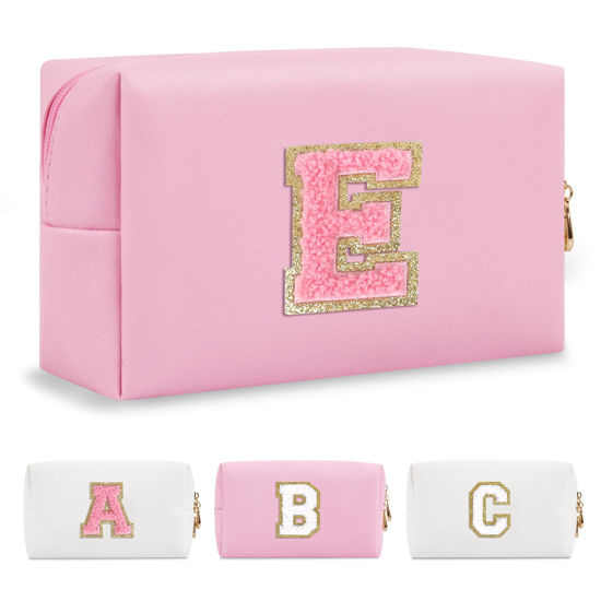 Picture of Personalized Initial A-Z Preppy Patch Makeup Bag,Small PU Leather Chenille Letter Cosmetic Bag with Zipper for Teen Girls,Pink Cute Travel Toiletry Bag,Birthday Monogrammed Gift for Daughter,Letter E