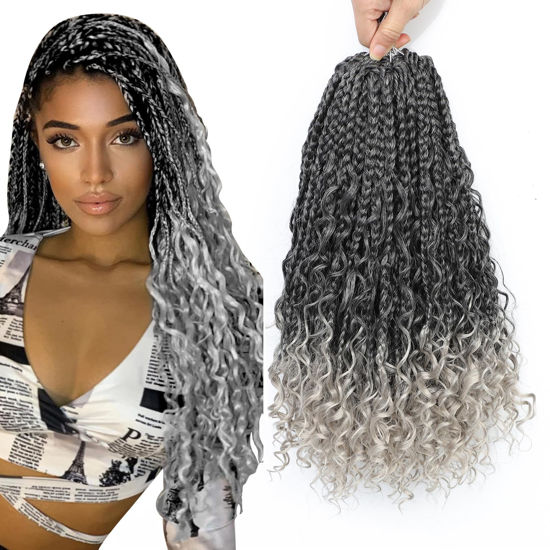 Picture of 8 Packs Crochet Box Braids- Boho Box Braids Crochet Braids Hair Bohomian Box Braid Crochet Hair Synthetic Braiding Hair 14 Inch Goddess Box Braids Crochet Hair for Black Women (14(8Packs), 1B/Silver)