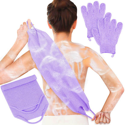 Picture of Anezus Exfoliating Back Scrubber Bath Gloves Set, Exfoliating Shower Towel with Shower Gloves for Body Scrub, Back Cleaner Wash Gloves to Remove Dead Skin (Purple)