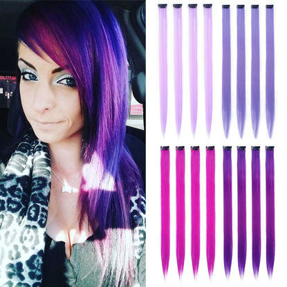 Picture of KGBFASS 16Pcs Purple Colored Clip in Hair Extension Multi-colors Party Highlights Clip in on Synthetic Hair Extensions Halloween Cosplay Party Christmas Gift for Women Kids Girls 20inch (MIX Purple)